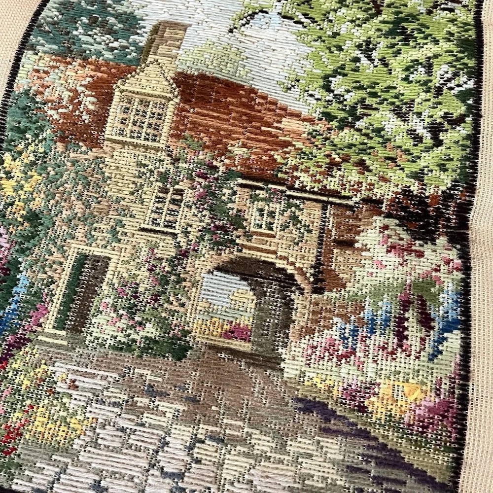 Vtg Handwork Tapestries floral cottage 20x23 unframed needlepoint English